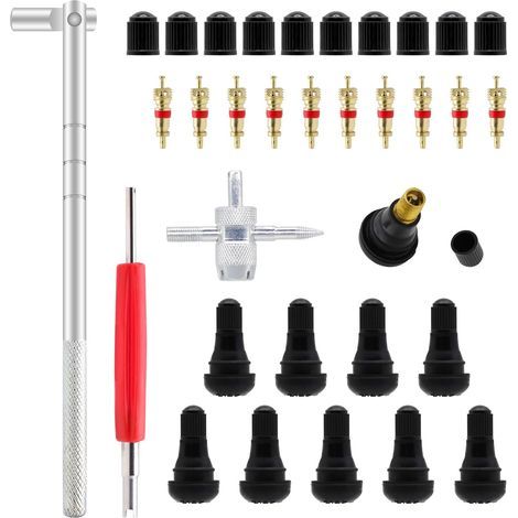 Outil d’installation et d’extraction de tiges de valve – 10 tiges TR412 courtes en caoutchouc + extracteur 4 voies + kit complet 23 pièces (1/4)