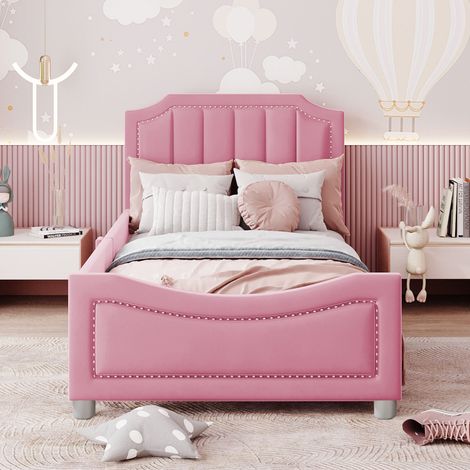 Lit enfant rembourré 90×200cm rose flanelle,canapé-lit moelleux,dossier et accoudoir,lit pour parent-enfant,ado et invité (1/5)