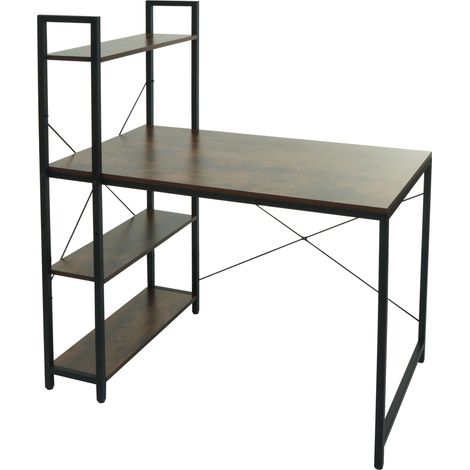 Bureau avec étagère HWC-K81 - table d'ordinateur portable table de travail - 100x60cm métal MDF - brun (1/5)