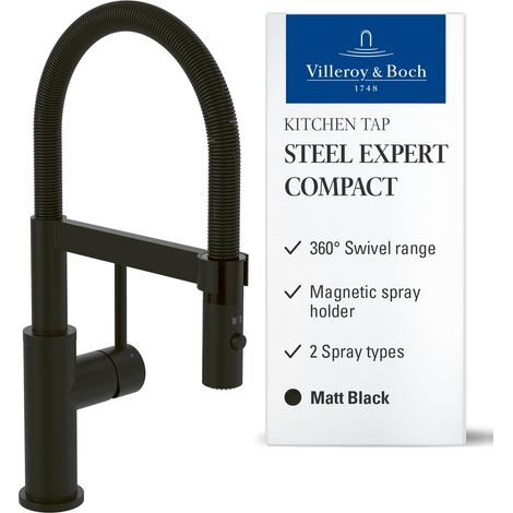 Villeroy & Boch Steel Expert Compact Rubinetto da cucina ad alta pressione, rubinetto da cucina con funzione di commutazione e beccuccio orientabile, rubinetto per lavello a risparmio d'acqua, altezza (1/5)