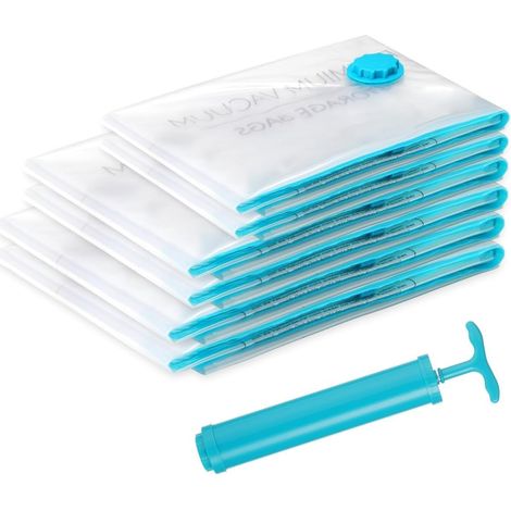 6 Sacs sous vide, Pompe manuelle, Étiquettes, Matériau PA PE, Pour vêtements couettes literie