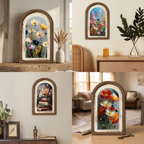 Vier dekorative, bogenförmige Bilderrahmen im Vintage-Stil, bemalt mit Blumen und Pflanzen – perfekt zur Dekoration von Wohn- und Schlafzimmern. (1/5)