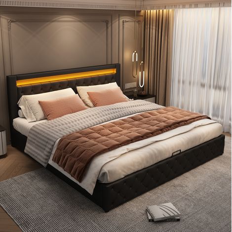 Lit coffre 140x190 avec LED, sommier lattes PU noir HAVRYA (1/5)