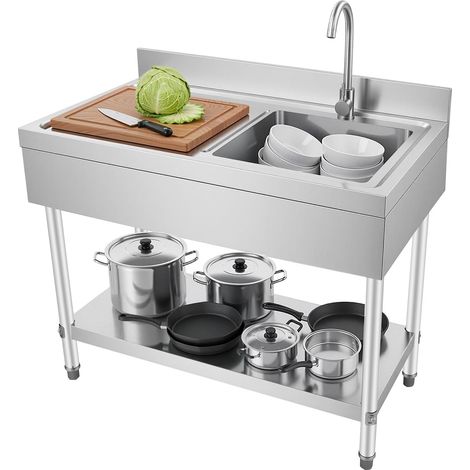 HAUTOUR Évier en acier inoxydable - 100 x 60 x 80 cm - Évier de cuisine autoportant avec étagère, panier filtrant et robinet à 360 °, capacité de charge de 300 kg, pour cuisine, linge, garage (1/5)