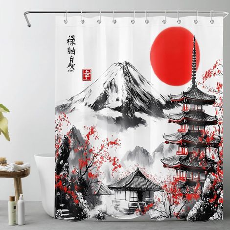 Montagne Japonaise Rideaux de Douche 150x180cm Pagode Fleur Rouge Soleil Rideaux de Bain avec Crochets,Noir et Blanc Court Imperméable Polyester Anti Moule Salle de Bain Décor (1/5)