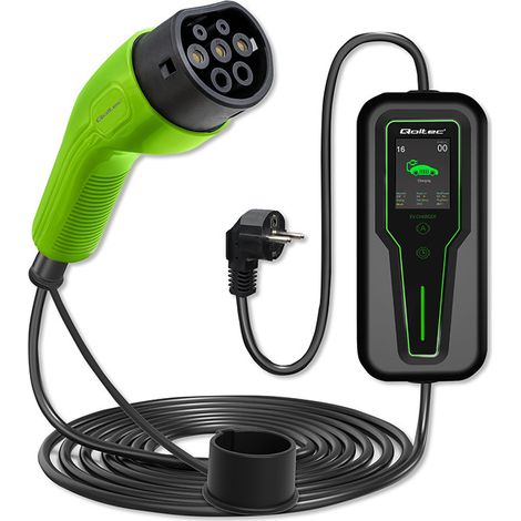 Cargador móvil Qoltec para coche eléctrico EV con regulación 2 en 1 Tipo 2  3,5 kW  230 V  LCD  Portátil  Wallbox  5 m