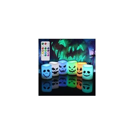Bougies LED sans flamme pour Halloween avec minuterie à distance, changement de couleur, alimentées par piles, parfaites pour la décoration intérieure et les cadeaux d'Halloween (lot de 6, 3,8 cm x 5- (1/5)