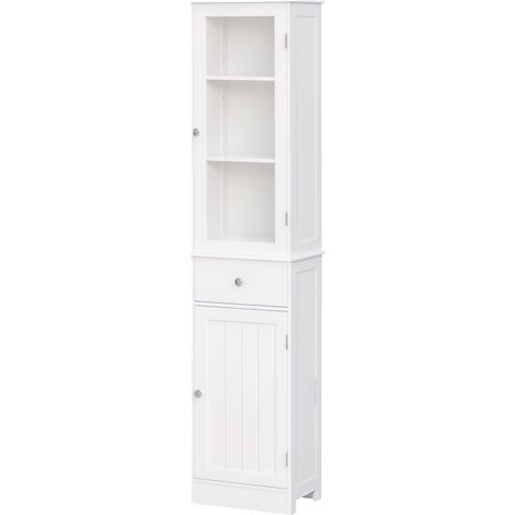 Mobiletto da bagno alto e stretto – Ripiani e cassetto regolabili – Ideale per piccoli spazi – 40 x 27 x 171,5 cm – Bianco