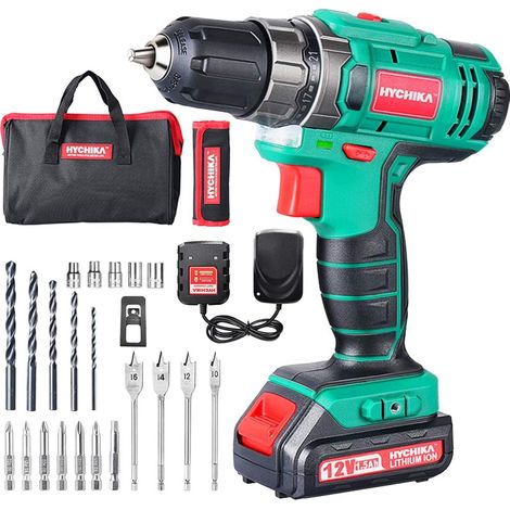 Perceuse visseuse sans fil 12V – Couple 30N.m – 2 vitesses 0-400/0-1500 tr/min – 21 réglages de couple – 22 accessoires inclus – Hychika