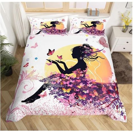 Filles Papillon Fée Parure de Lit 200x200 cm fée Papillon Housse de Couette pour Enfant GarçOn Fille Ado Fleur Papillon - D3W (1/4)