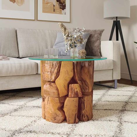 Table basse en bois flottant de teck massif avec verre trempé marron 60 cm - PANGIVO (1/5)