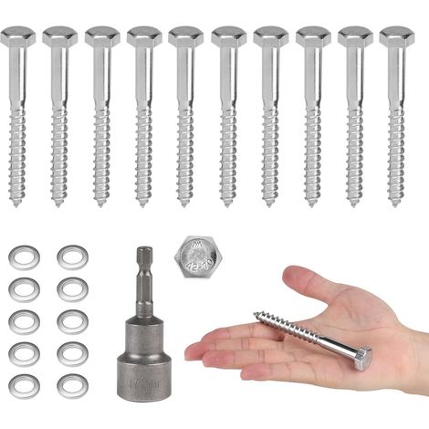 10 PCS Vis Tire-Fond Avancées Tête Hexagonale M10 x 50 mm Inox AISI 304 (A2), Tirefond Beton avec Rondelles et Clé à Six Pans, Vis à Bois Tête Hexagonale Autoperceuse, pour Assembler le Bois (1/5)