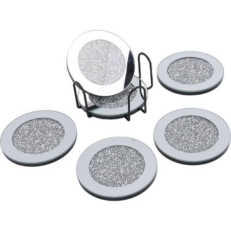 Sous-verres en verre miroir avec support, 6 pièces, boisson ronde pour Table basse, cuisine, Bar, décoration de maison, table argentée