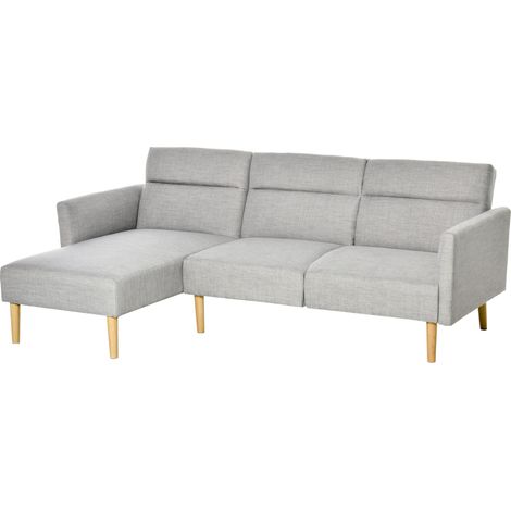 Divano Letto 3 Posti, Divano Angolare in Tessuto Grigio con Schienale Regolabile, Stile Scandinavo, 207x146x80cm