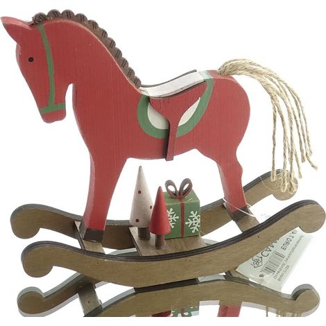 Sagaflor – Décoration de Noël Cheval à bascule – Rouge et vert, bois de paulownia, H 15 cm (1/2)