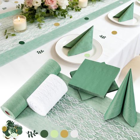 Set de décoration de table vert eucalyptus - Chemin de table non tissé + ruban en dentelle blanche + 40 serviettes + 100 pièces à disperser - Pour communion, baptême, confirmation, mariage (1/5)