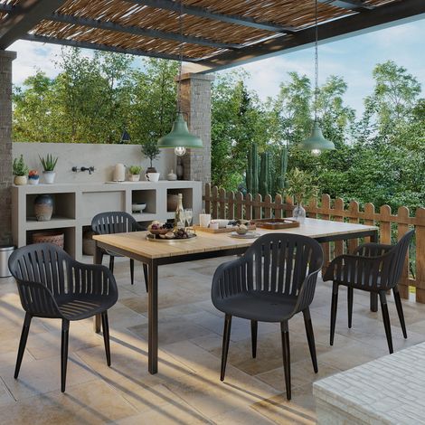 Assise de jardin à dossier ajouré avec accoudoirs, adaptée salle à manger et salon, Lot de 4