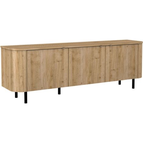 Meuble TV 3 portes aspect bois finition Cadiz design coins arrondis pieds métal noir - VIVARINI