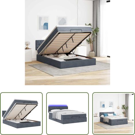 vidaXL LED-Beleuchtung - Ottoman-Bett mit Matratze & LEDs Dunkelgrau 140x190 cm Samt (1/5)