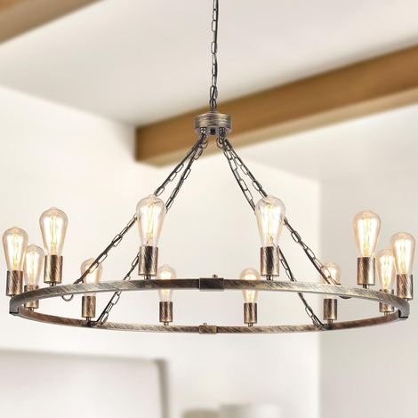 Ganeed Wagon Wheel Chandelier 12 Lights Vintage Chandeliers Gold Chandelier Ceiling Light for Kitchen Living Room Bedroom Hallway (Dia 100cm)