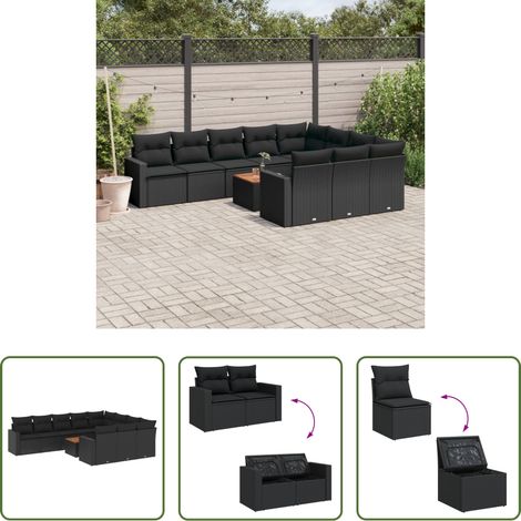 Gartenmöbel - 11-tlg. Garten-Sofagarnitur mit Kissen Schwarz Poly Rattan (1/5)