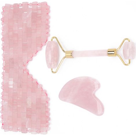 Lot de 3 Rouleaux de Jade Rose et Pierre de Gua Sha, Masque de Beauté pour les Yeux, Kit de Massage Visuel pour Soin du Visage et Thérapie Relaxante (1/5)
