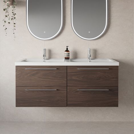 Napoli 390 Brown Oak 1200mm Wall Mounted 4 Drawer Vanity Unit with Double Lucia Basins - 1200mm - Chrome 320mm Handle