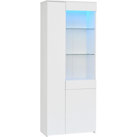 Vitrine blanche en panneaux de particules 70 x 35 x 180 cm avec LED, portes à fermeture douce et tiroir de rangement (1/5)
