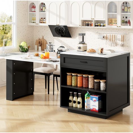 Ausziehbarer Kücheninseltisch aus schwarzem MDF mit Stauraum, 204 x 70 x 93,5 cm (1/5)