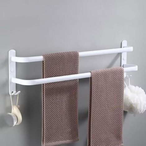 Porte-Serviettes Mural avec 2 Crochets Porte Serviettes Salle de Bain Etagères Serviette en Aluminium Blanc 2 Couche 50cm (1/5)