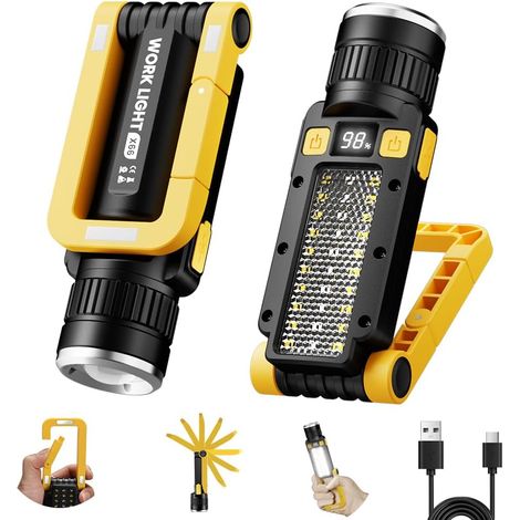 Lumière de travail magnétique à LED rechargeable, Lumières de travail portables, 7 modes de lampe à poche avec crochet rotatif à 360 ° et mosqueton, Charge USB pour le camping, la chasse