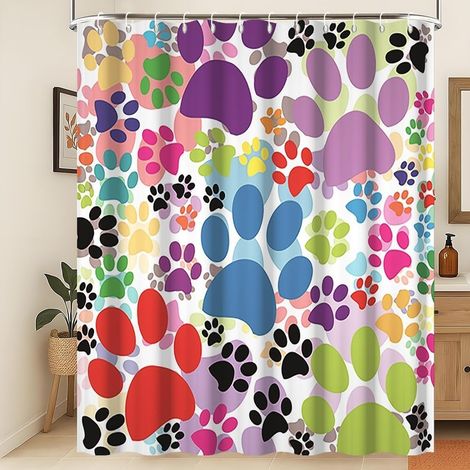 Rideau de Douche Pattes de Chien Rideau de Douche Pattes de Chien Animaux de Compagnie Empreintes de Griffes Dessin animé coloré de Pattes de Chien et de Chat Rideau de Douche 180x180cm (1/5)