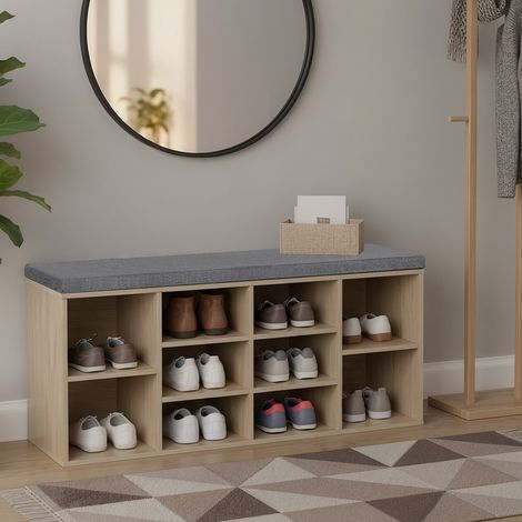 Banc à Chaussures, Banc de Rangement, avec Coussin, Siège Rembourré, 10 Compartiments, Étagères Réglables, pour Chambre, Couleur Chêne (1/5)