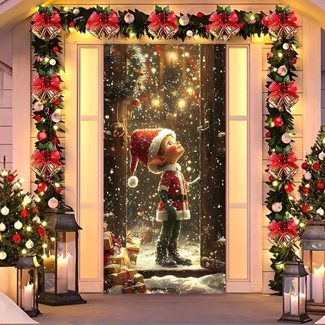 Rideau de porte de Noël 2026, bannière extérieure avec fond photo Père Noël et chien, décoration en tissu à suspendre - 90 x 180 cm (rainure + ruban) - 27