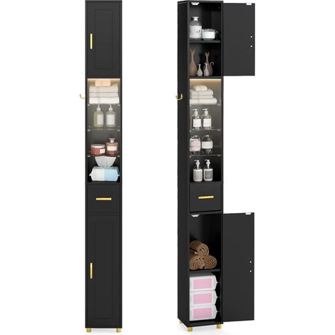 COSTWAY Meuble Colonne Salle de Bain avec LED, Meuble de Rangement Haut avec 3 Étagères en Verre Trempé Réglables, Armoire Salle de Bain Etroit pour Salon, Cuisine, 20 x 20 x 181 cm (Noir) (1/5)