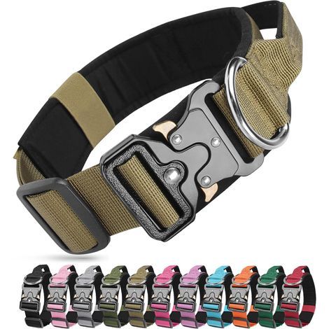 Collier de Chien Tactique, Militaire Collier Réglable Nylon Chien avec Poignée, Colliers pour Chiens Rembourré avec Boucle en Métal pour Chiens de Taille Moyenne Grand Entraînement (Kaki, M) (1/5)