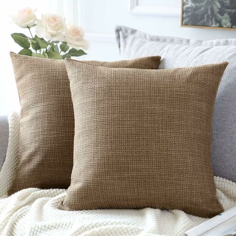 Housse de Coussin, Lot de 2 en Lin Canapé Taie d'oreiller de Couleur Pure pour Maison Salon Chambre Décoration D'intérieur (Brun, 45x45cm) (1/5)