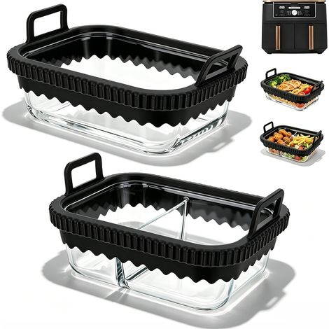 Lot 2 Moules Verre avec Séparateur pour Air Fryer Ninja AF400EU/DZ400EU/AF500EU & Cosori, Plats Friteuse Air Chaud Poignées Silicone Amovibles, Résistant Chaleur, Anti-Rayures, BPA-Free
