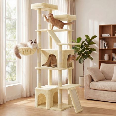 Grand Arbre à Chat, Griffoir Robuste, pour Chats d’Intérieur, Tissu Peluche, Beige (1/5)