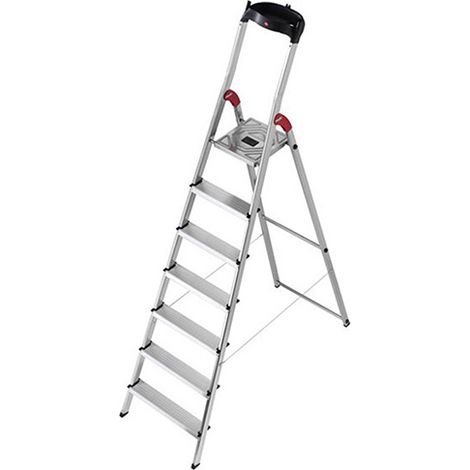 Hailo – Escabeau 7 marches pliable en aluminium – Hauteur de travail 3m50 – Antidérapant avec garde-corps et crochet porte-seau – Ultra léger