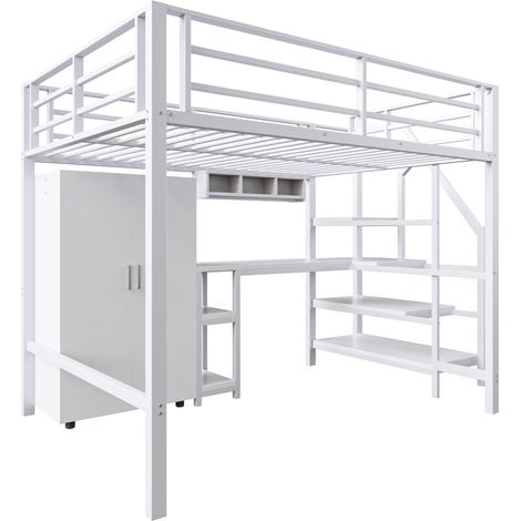 Letto a soppalco 140x200 cm in metallo e MDF con scrivania, armadio e ripiani bianco (1/5)
