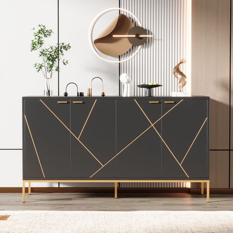 Credenza 150x40x80 cm nera in pannello truciolare e MDF con piedi in metallo, ripiani regolabili e sistema antiribaltamento (1/5)