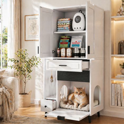 Armario multifuncional para gatos – Construcción estable con almacenamiento dividido, estantes móviles, cajones y área para cama de gato, lugar perfecto y acogedor para la actividad de los gatos (1/5)