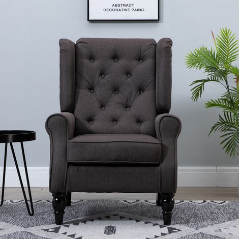 Fauteuil, fauteuil à oreilles avec accoudoirs, fauteuil lounge avec coussins, capitonné, dossier haut, fauteuil avec pieds en bois, fauteuil inclinable pour salon, chambre, marron