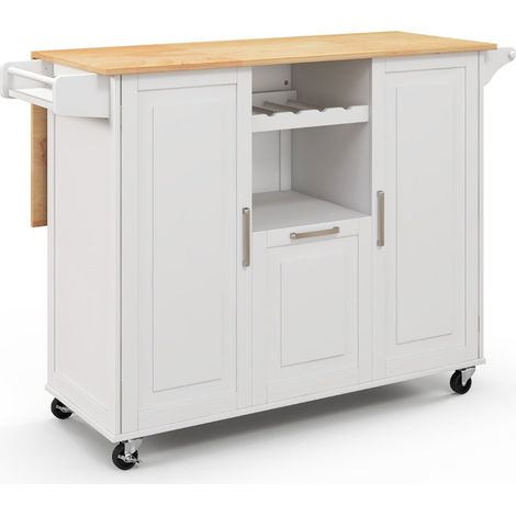 Carrito de cocina con ruedas de 130 x 74 x 90 cm con amplio espacio de almacenamiento y encimera abatible en madera de caucho blanca 200018047