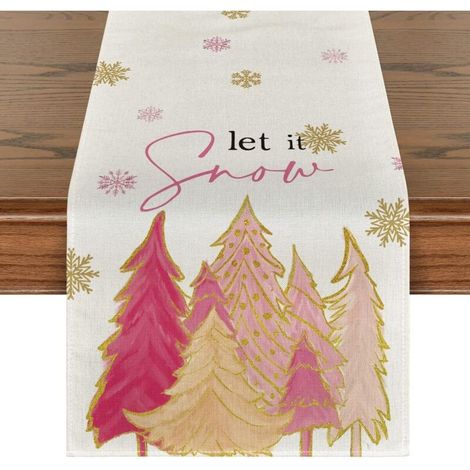 40 x 140 cm, Chemin de table avec sapin de Noël rose et flocons de neige, décoration hivernale pour la cuisine, les repas et les fêtes à la maison (1/4)