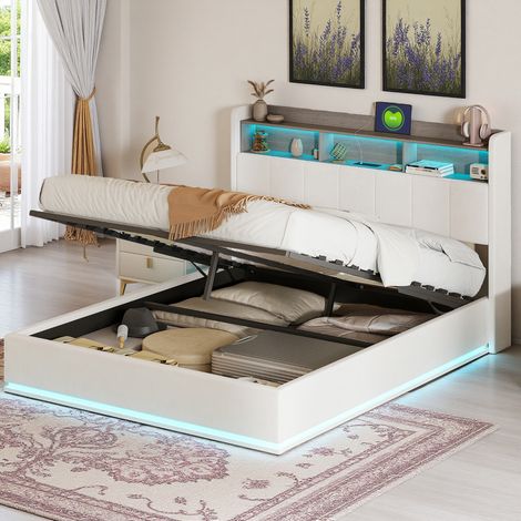 Cadre de lit adulte 160x200 cm - LED et USB - Tissue en Velours - hydraulique - Blanc (1/5)