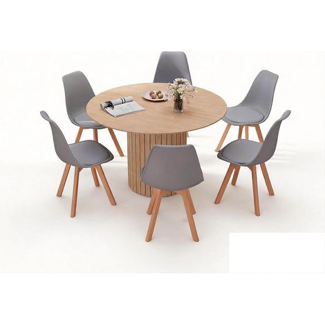 Runder Esstisch 120cm mit 6 Stühlen, nordisches Design, Hellbraun/Grau (1/3)