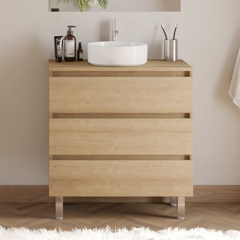 Meuble de salle de bain 80cm avec plateau et vasque à poser ronde - 3 tiroirs - sans miroir - nebraska (chêne clair) - MAYOR