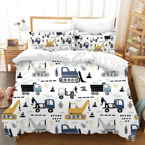 Parure de lit pour enfants 135x200cm avec motif de pelle, tracteur, voitures - Housse de couette 3D imprimée avec dessin animé de pelle - Ensemble de housse de couette pour garçons et filles (1/5)